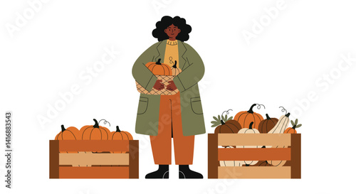 Woman holding baby pumpkin with autumn harvest crates in flat design vector illustration