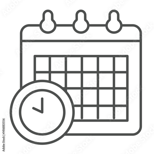 Calendar and clock thin line icon, remote work concept. Vector graphics. Appointment, task schedule sign on white background, linear style icon for mobile or web design.