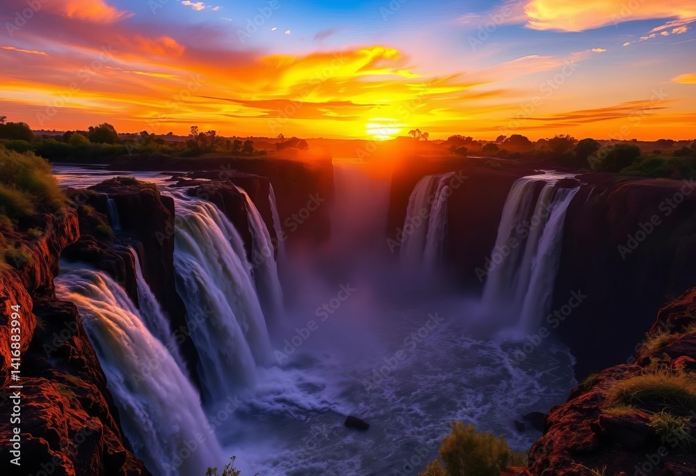 Fototapeta premium Victoria Falls sunset, Zambia; fiery orange light bathes the cascading water, nature, wonder