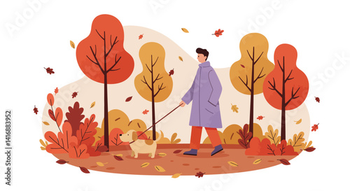 Man walking small dog through autumn park with colorful trees and falling leaves in flat style vector illustration