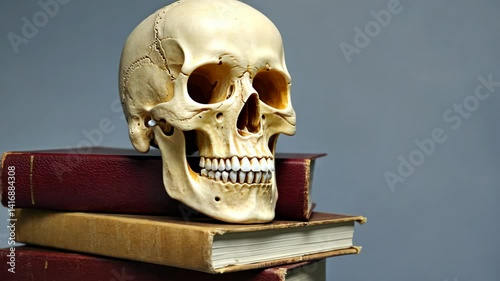 Anatomical skull resting on a stack of old hardbound books, representing knowledge, learning, and mortality, against a solid background.