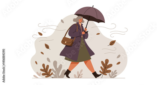 Elderly woman walking with umbrella in windy autumn weather flat minimal vector illustration