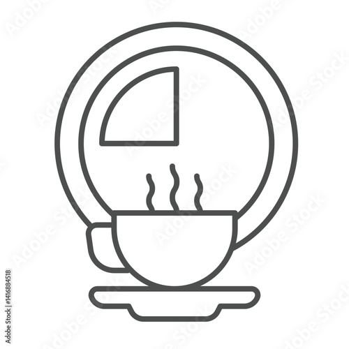 Hot coffee cup and clock thin line icon, remote work concept. Vector graphics. Coffee break timer sign on white background, linear style icon for mobile or web design.