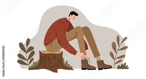 Young man tying brown boots while sitting on tree stump in minimalist nature scene flat design vector illustration