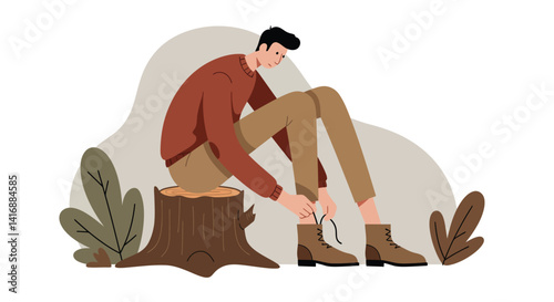 Young man sitting on tree stump tying shoelaces in casual clothing flat design vector illustration