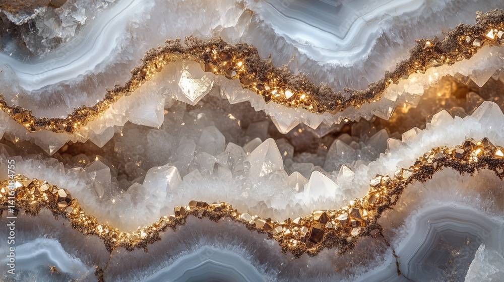 Geode texture with sparkling white quartz crystals surrounded by metallic pyrite inclusions. Geode texture with sparkling white quartz crystals surrounded by metallic pyrite inclusions.