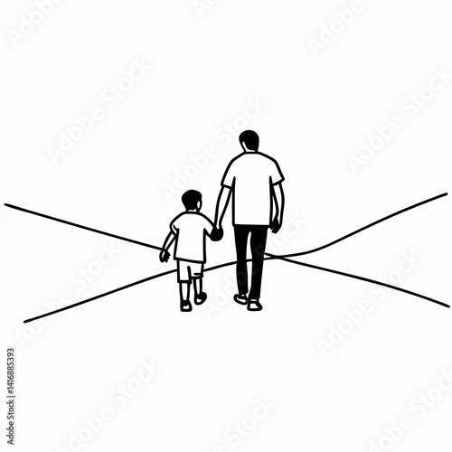Dad and son walking together continuous one line drawing. Father's day concept in single line art illustration
