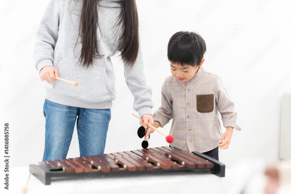 弟に木琴を教える姉 弟に木琴を教える姉