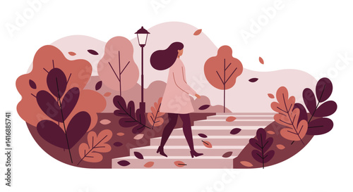 Woman walking down stone steps in autumn park with falling leaves flat minimal vector illustration