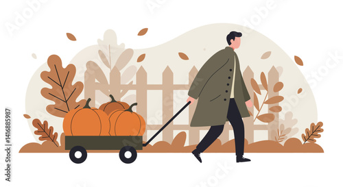 Man pulling cart with pumpkins through autumn garden in flat minimal vector illustration