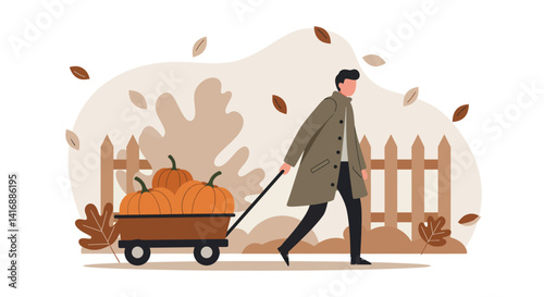 Man in trench coat pulling wagon full of pumpkins in autumn setting with falling leaves flat design vector illustration