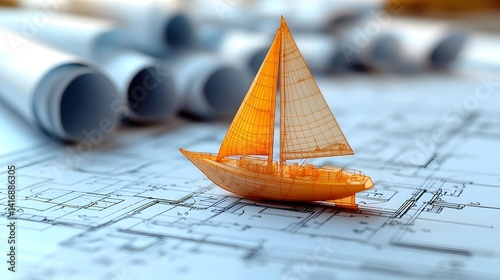 Fototapeta Naklejka Na Ścianę i Meble -  3D Sailboat Model on Technical Blueprint