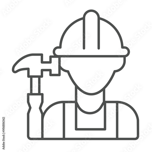 Builder man and hammer thin line icon, construction concept. Vector graphics. Worker with hammer tool sign on white background, linear style icon for mobile or web design.