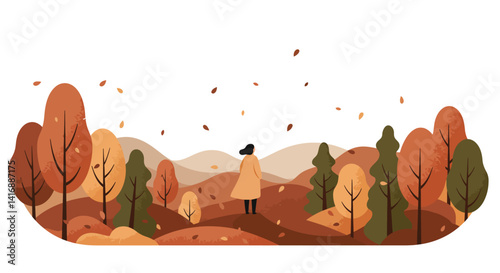 Autumn forest landscape with solitary person walking among colorful trees in flat minimal vector illustration