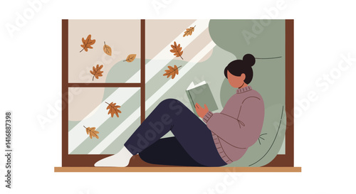 Woman reading a book by the window with autumn leaves falling outside in flat minimal vector illustration