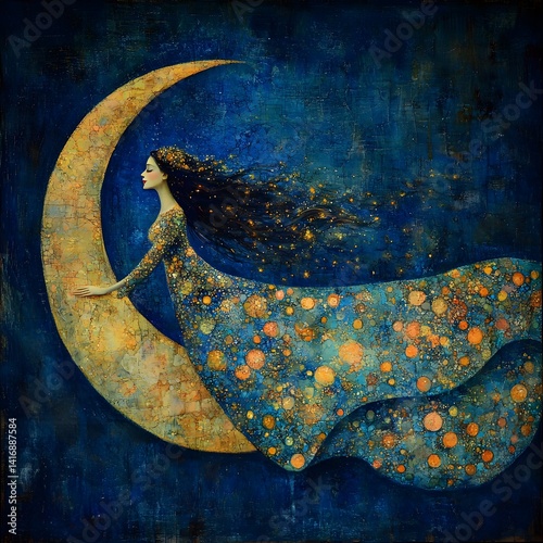 Whimsical Woman Crescent Moon Ride Across Starry Night Sky photo