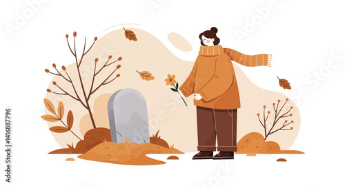 Young person wearing warm clothes standing beside a grave holding a flower flat autumn vector art