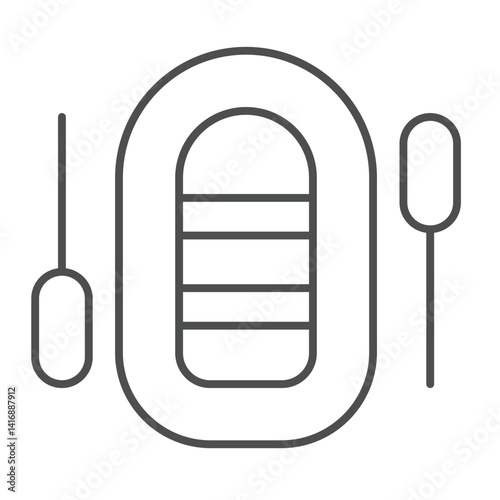 Boat with two paddle thin line icon, marine transport concept. Vector graphics. Inflatable boat and oars sign on white background, linear style icon for mobile or web design.