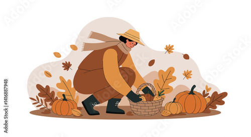 Person harvesting pumpkins in autumn forest flat design with warm colors and cozy atmosphere vector illustration