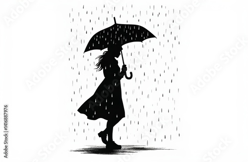 Silhouette of a woman holding an umbrella under the rain, at street, black vector illustration on white background