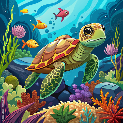 A marine turtle swims in the tropical ocean, an underwater animal in its natural sea life