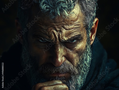 Intense portrait of a weathered man with an angry expression.