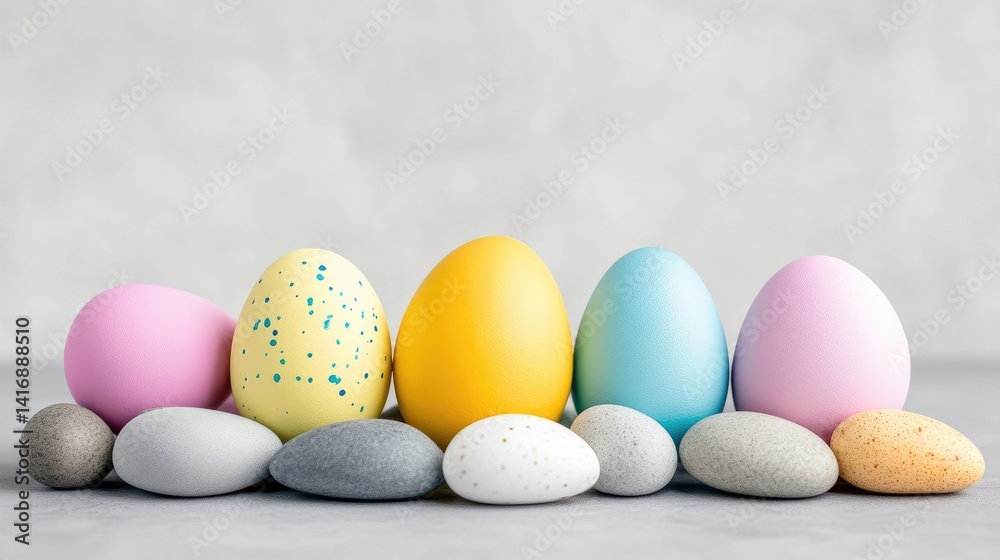 Fototapeta premium Easter eggs on stones. A pastel color display of Easter eggs atop various gray stones