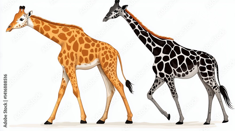 Naklejka premium Two Giraffes Walking Side by Side Orange and Black Spotted Giraffes on White Background