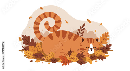 Curled orange tabby cat resting peacefully in autumn leaves flat colorful minimal vector illustration