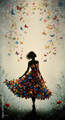 A mesmerizing airbrush oil painting depicts a solitary silhouette of a woman adorned in a flowing gown composed entirely of countless multi-colored butterflies. 
