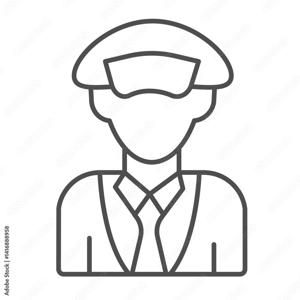 Captain man with hat thin line icon, marine port concept. Vector graphics. Sea ship commander sign on white background, linear style icon for mobile or web design. Captain man with hat thin line icon, marine port concept. Vector graphics. Sea ship commander sign on white background, linear style icon for mobile or web design.