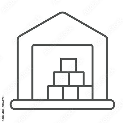 Marine warehouse thin line icon, marine port concept. Vector graphics. Warehouse building with boxes, delivery service sign on white background, linear style icon for mobile or web design.
