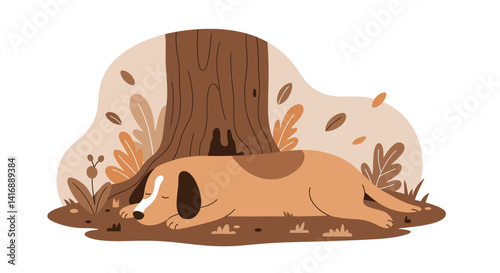 Brown dog resting peacefully under tree with autumn leaves in flat minimal style vector illustration