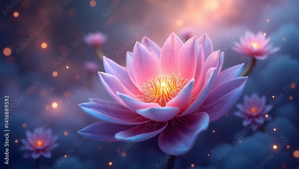 surreal purple lotus flower shining with cosmic light in tranquil dreamy blue background with sparkles and digital glow perfect for yoga wellness meditation and fantasy art surreal purple lotus flower shining with cosmic light in tranquil dreamy blue background with sparkles and digital glow perfect for yoga wellness meditation and fantasy art