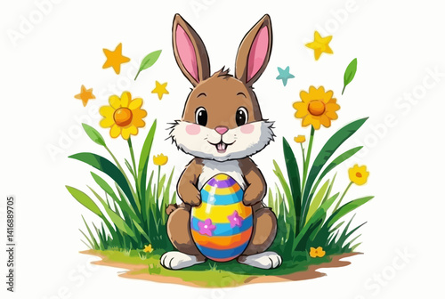 illustration features a cheerful Easter bunny holding a colorful decorated egg, surrounded by bright yellow flowers and green grass. With its big eyes, fluffy cheeks, and warm smile, the bunny sits in