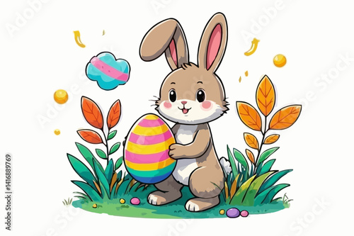 illustration features a cheerful Easter bunny holding a colorful decorated egg, surrounded by bright yellow flowers and green grass. With its big eyes, fluffy cheeks, and warm smile, the bunny sits in