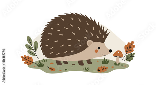 Cute brown hedgehog walking on green grass with autumn leaves and mushroom in flat minimal vector illustration