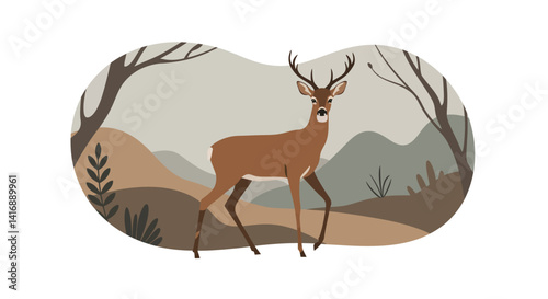 Brown deer with antlers walking in flat minimal mountain landscape with bare trees vector art