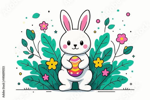 illustration features a cheerful Easter bunny holding a colorful decorated egg, surrounded by bright yellow flowers and green grass. With its big eyes, fluffy cheeks, and warm smile, the bunny sits in