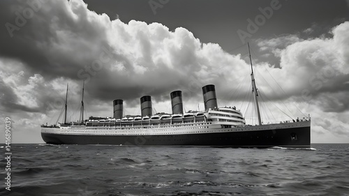 A massive vintage steamship from the 1900s cruising the open sea, smokestacks releasing dark smoke,Generative Ai
