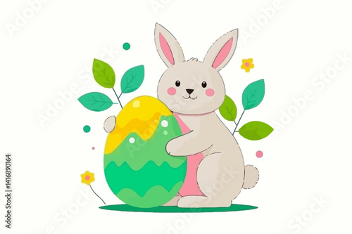 illustration features a cheerful Easter bunny holding a colorful decorated egg, surrounded by bright yellow flowers and green grass. With its big eyes, fluffy cheeks, and warm smile, the bunny sits in