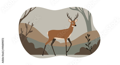 Deer with antlers walking in a minimal flat forest scene with muted colors and bare trees vector illustration