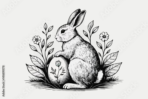 illustration features a cheerful Easter bunny holding a colorful decorated egg, surrounded by bright yellow flowers and green grass. With its big eyes, fluffy cheeks, and warm smile, the bunny sits in