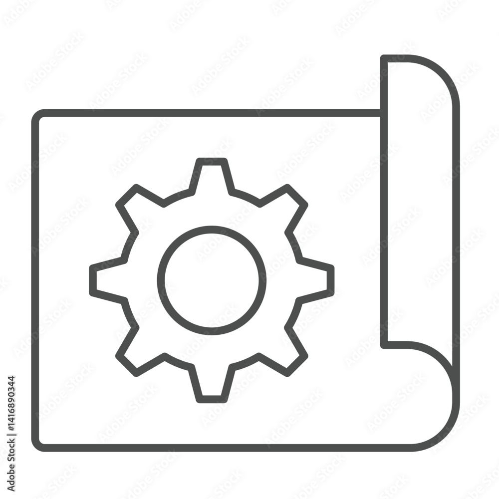Project paper with gear thin line icon, repair service concept. Vector graphics. Blueprint and cogwheel, engineering sign on white background, linear style icon for mobile or web design. Project paper with gear thin line icon, repair service concept. Vector graphics. Blueprint and cogwheel, engineering sign on white background, linear style icon for mobile or web design.