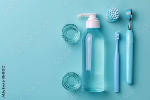 Wallpaper Mural Mouthwash and other oral hygiene products on table top view . Flat lay. Torontodigital.ca