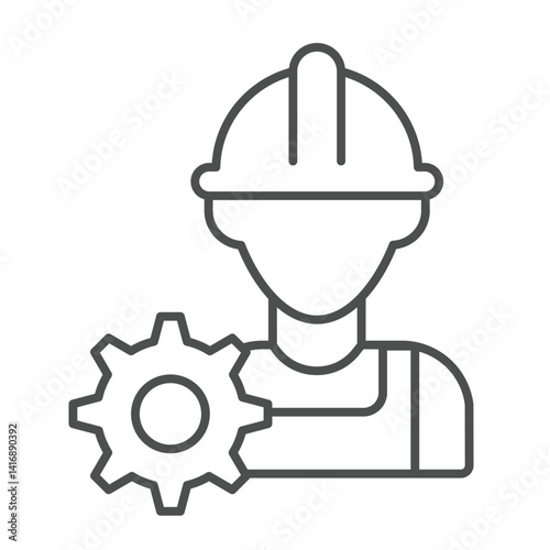 Builder man and cogwheel thin line icon, repair service concept. Vector graphics. Engineer gear, human with hat sign on white background, linear style icon for mobile or web design.