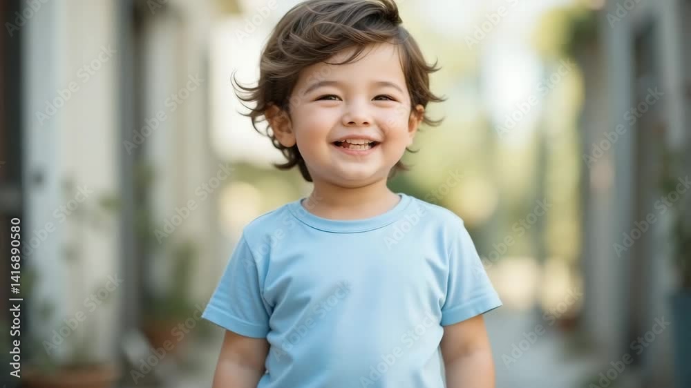 Happy asian little boy laughing, blinking, looking left, then right, wearing a light blue t-shirt and beige pants, summer light Happy asian little boy laughing, blinking, looking left, then right, wearing a light blue t-shirt and beige pants, summer light