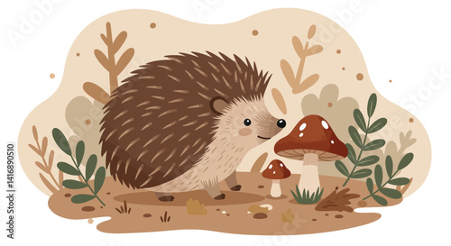 Small brown hedgehog exploring forest floor with mushrooms and foliage in flat style vector illustration