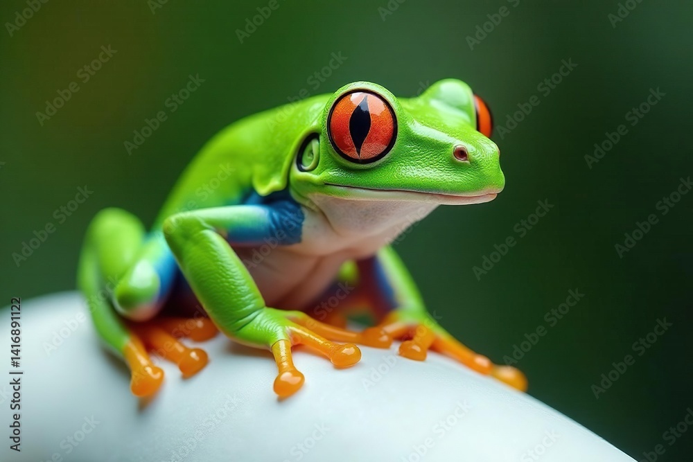 Fototapeta premium Green tree frog perched on white, vibrant skin, bright, rainforest