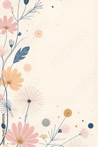 Minimalist Floral Digital Art Illustration Background: Stylized blooms and delicate foliage in the corners, a gentle digital art illustration against a spacious light beige background.